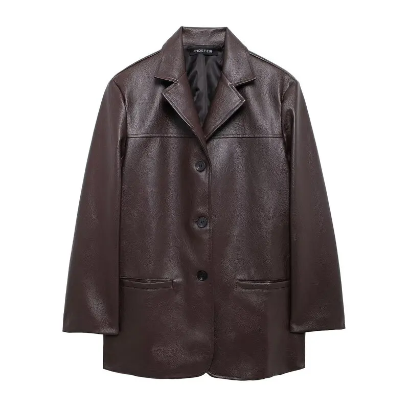 سترة جلدية نسائية أنيقة لخريف وشتاء 2024، ملابس خارجية متعددة الاستخدامات بأسلوب كلاسيكي، أكمام طويلة وتصميم فضفاض، مواد أخرى...