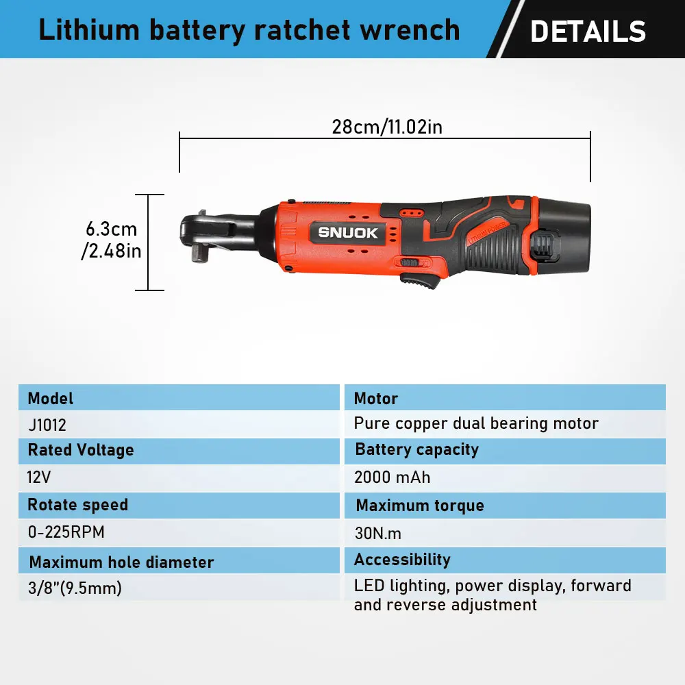 SNUOK 3/8'' Electric Ratchet Wrench USB Rechargeable 9.5mm 225RPM Home Bicycle Repair Wrench 30N.m Low Torque Stage Rig Tool