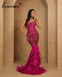 Fuchsia Glitter Evening Dresses With Feathers Train Spaghetti Strapless Prom Dresses Robes De Soirée Opening Ceremony Dresses