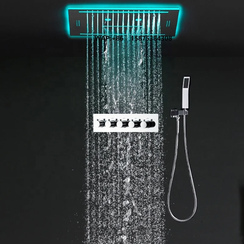 304 Stainless Steel Mirror Color Bath Faucet Full Set Concealed Shower Head Thermostatic LED Bathroom Shower Set
