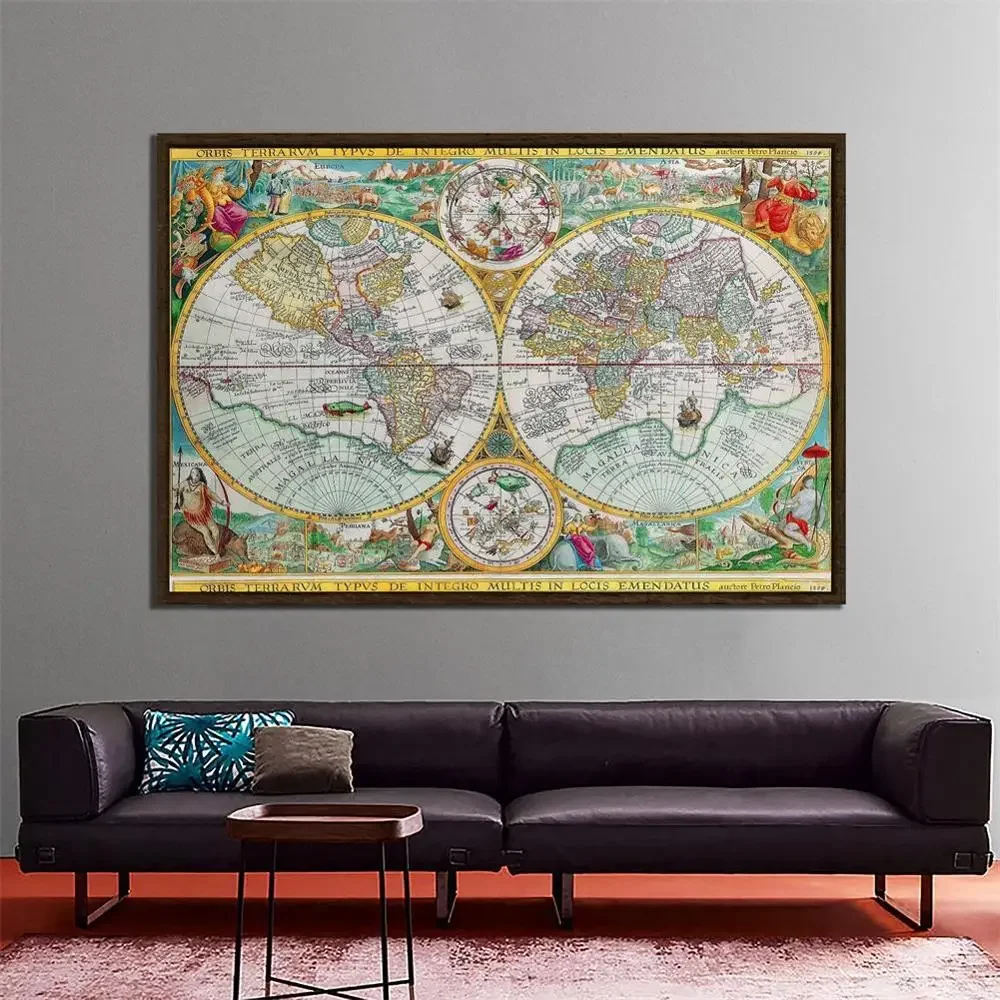 Mapa do mundo 1594 cartaz vintage latino mapa antigo 150x100cm não tecido detalhado impressões antigas decoração de parede de arte de quarto de casa