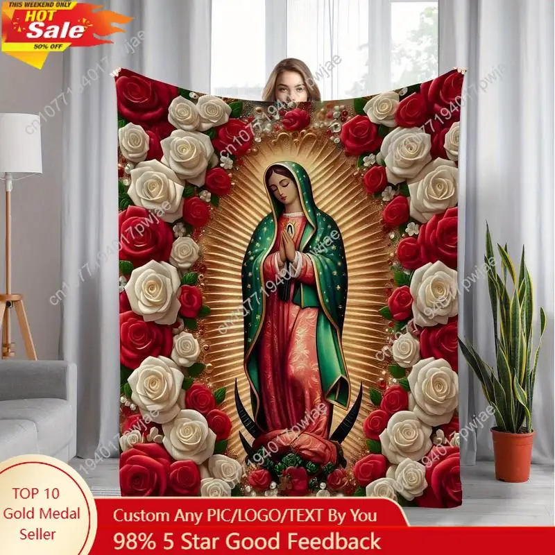 

Virgin Mary and Rose Print Flannel Blanket Soft Warm All-Season Blanket Suitable for Travel Home Custom blankets