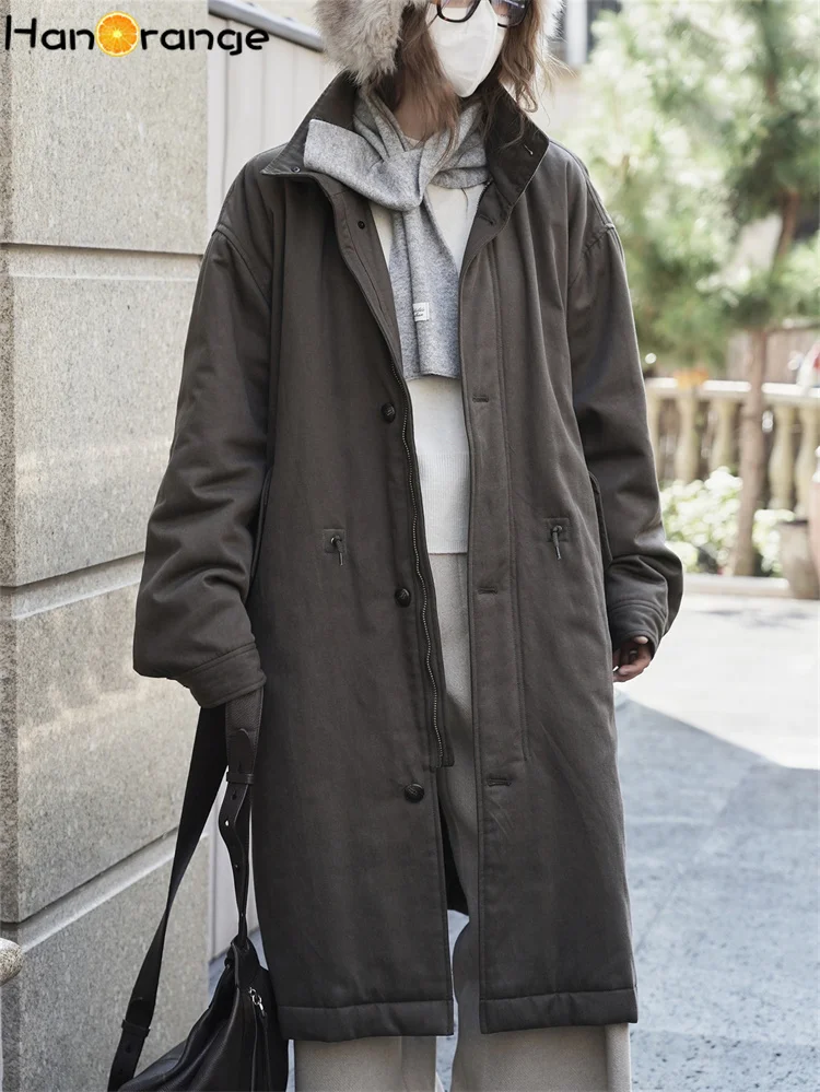 

HanOrange 2025 Winter Fashion Stand Collar Waist Drawstring Long Coat Women with Cotton-padded Warm Coat Cargo Parkas Army Green