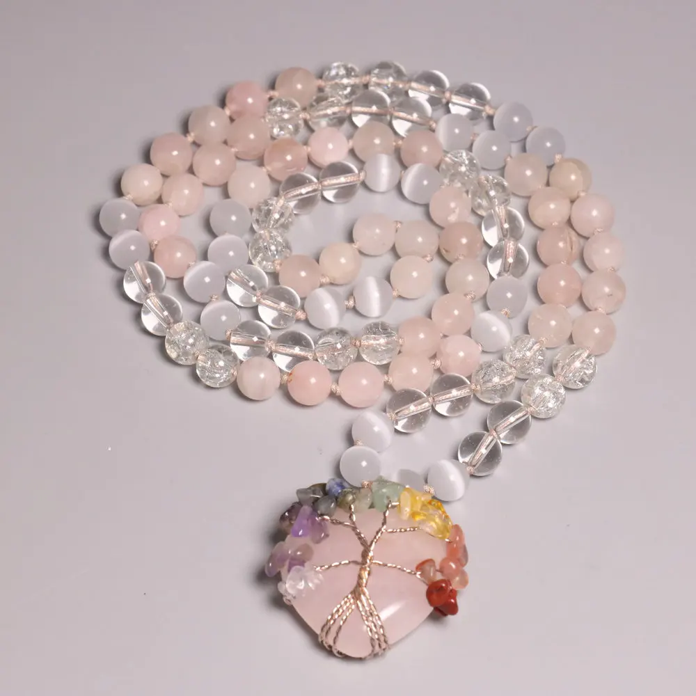 Classic long natural stone beaded mala necklace red agate tree of life wrapped pendant sweater chain prayer beads best seller