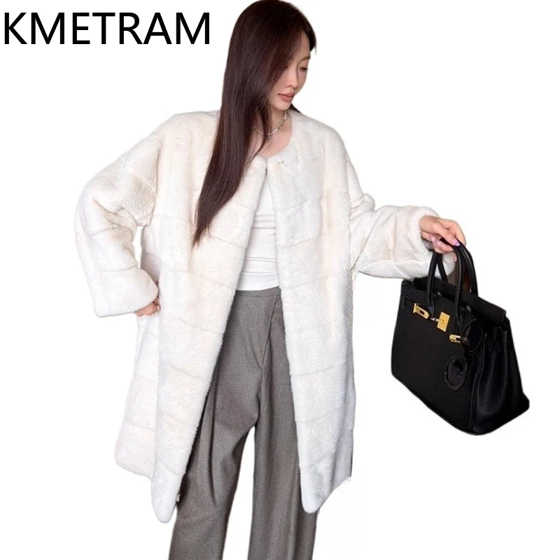100% Mink Fur Coatผู้หญิงหรูหรากลางความยาวขนสัตว์จริงคุณภาพสูงฤดูหนาวเสื้อผ้าผู้หญิงFurryแจ็คเก็ต 2025ба