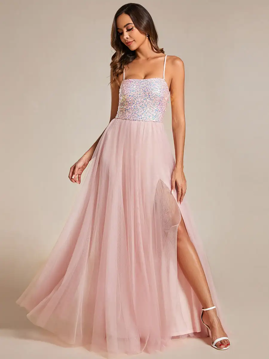 

Gorgeous Evening Dresses Sequin Tulle Spaghetti Strap High Split Sleeveless 2024 BAZIIINGAAA of Shiny Pink Bridesmaid Dress