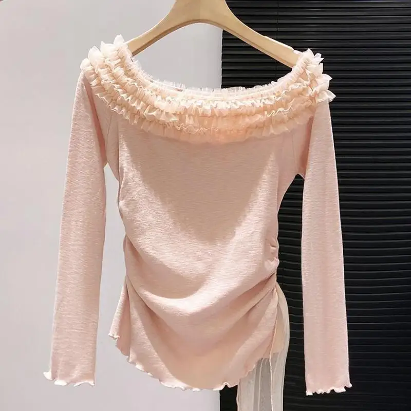 

French Sweet Lace Edge Splicing One Piece Collar Long Sleeve T-shirt for Women's Spring and Autumn New Collection Waist Top