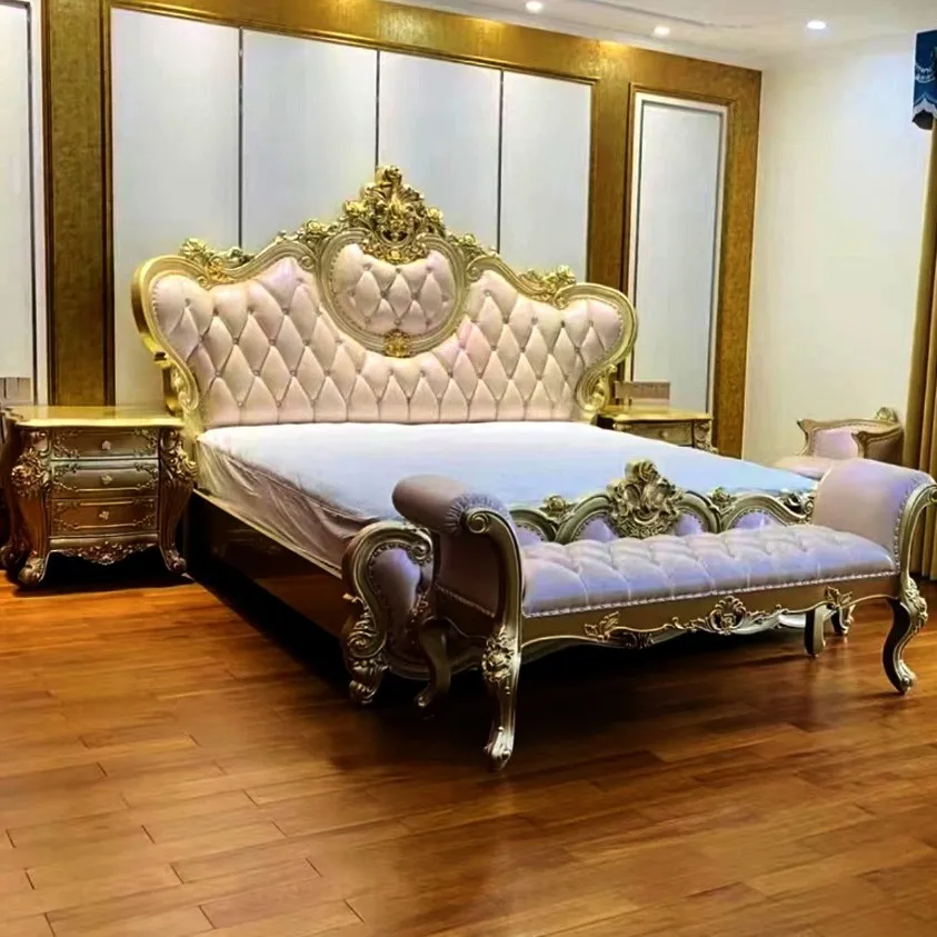

European solid wood carving flower leather 1.8 meters large bed villa master bedroom luxury double bed widened 2 meters
