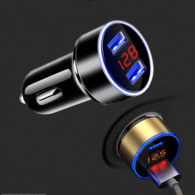 1/2pcs Car Charger, Cigarette Lighter, Smartphone Adapter, Phone Charger, Dual USB Digital Display, Voltmeter, Fast Charging
