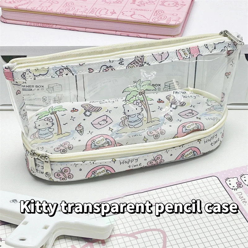 New Cartoon Sanrio Transparent Pencil Case Cute Hello Kitty Large Capacity Storage Bag Stationery Pouch KT Cat Cosmetic Bag Gift