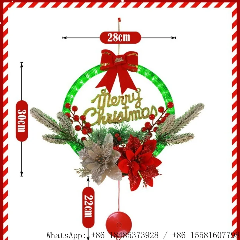 Lighted Merry Christmas Wreath With Artificial Flower Red Berries Bow Indoor Front Door Window Holiday Hanging Decoration