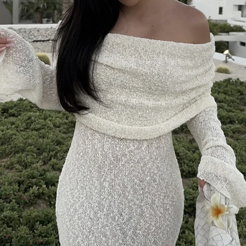 

New Style Knitted One-Shoulder See-Through Beachwear Cover Up Women's Beach Vacation Sunscreen Dress Elegant Long Dress