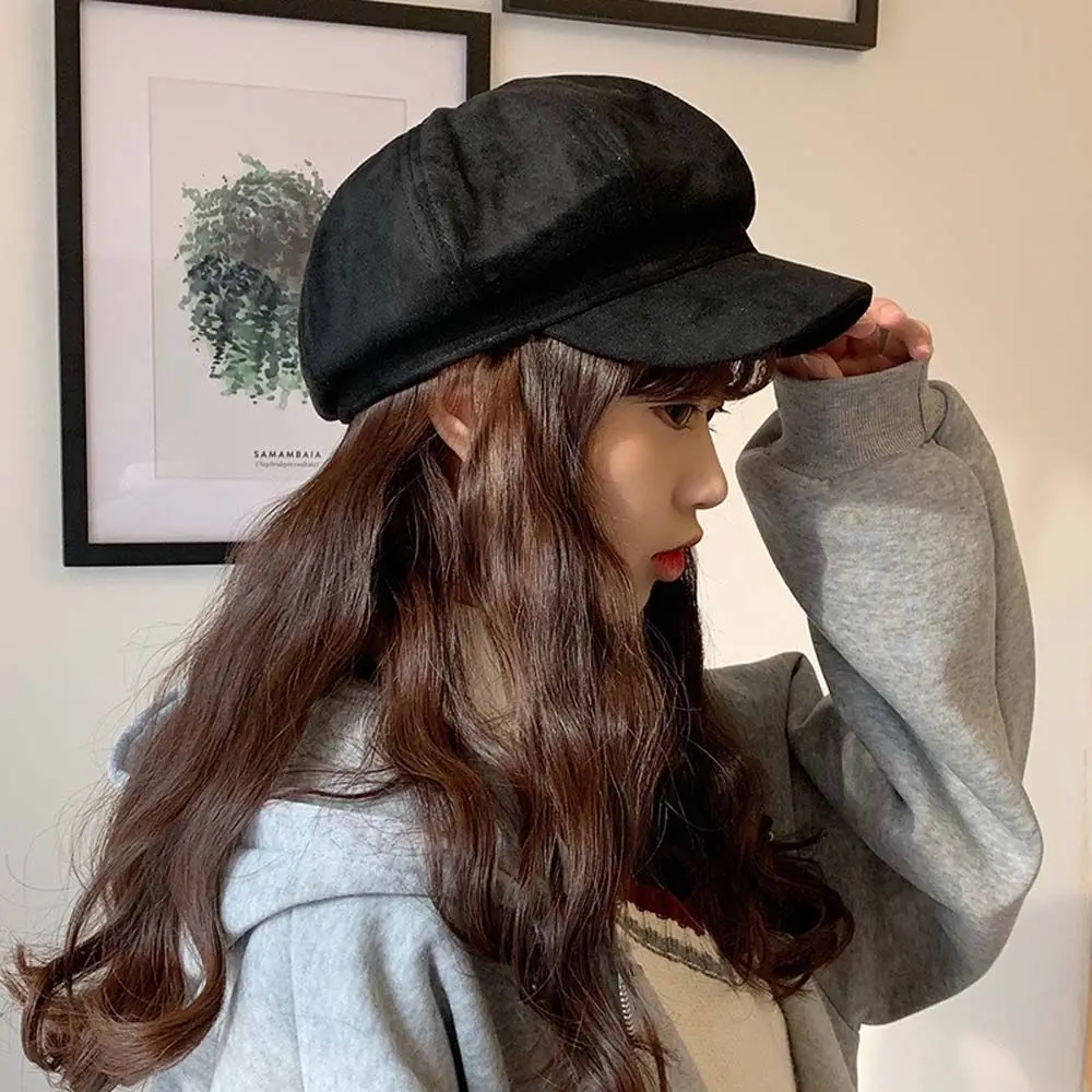 Simple Octagonal Cap Adjustable Black Red Round Metal Buckle Khaki Coffee Suede Brim Korean Style Hat Brim Beret Women Berets