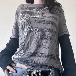 Skull Graphic Print Tops Women Y2k Fairy Grunge T Shirt  Long Sleeve E-Girls 90s Vintage Emo Clothes Streetwear