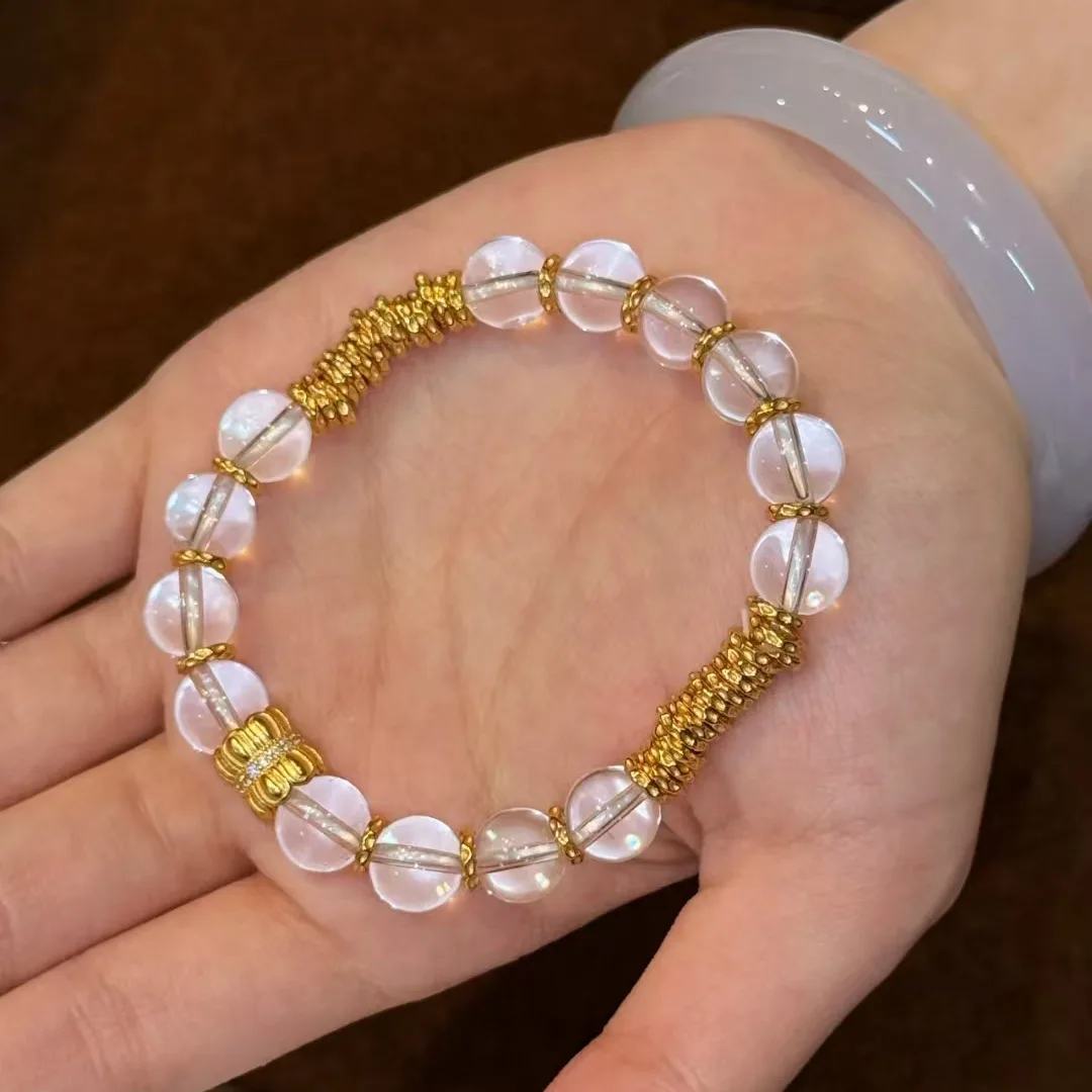 9999 gold best-selling clear white crystal bracelet with lustrous glass beads, high-end style broken glass bead necklace