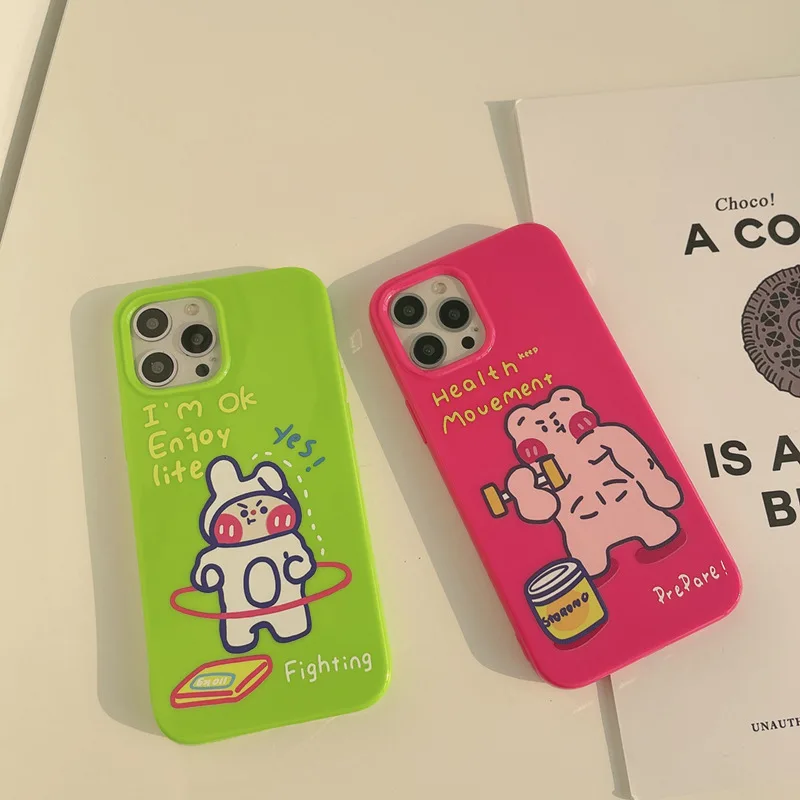 Niedliche Cartoon-Fitness-Kaninchen-Bär-Paar-Handyhülle für iPhone 16 15 14 13 12 Mini 11 Pro Max XS XR X 7 8 Plus stoßfeste Abdeckung