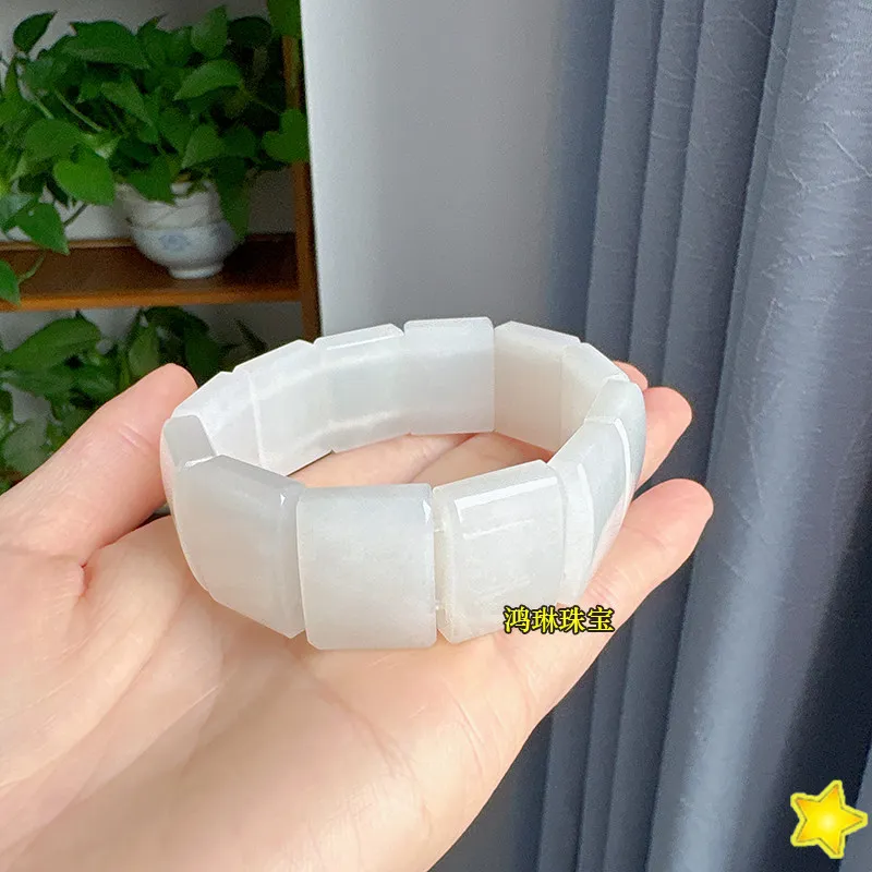 Natural Hetian jade white jade hand, men's and women's original design, genuine jade square curved surface bracelet.