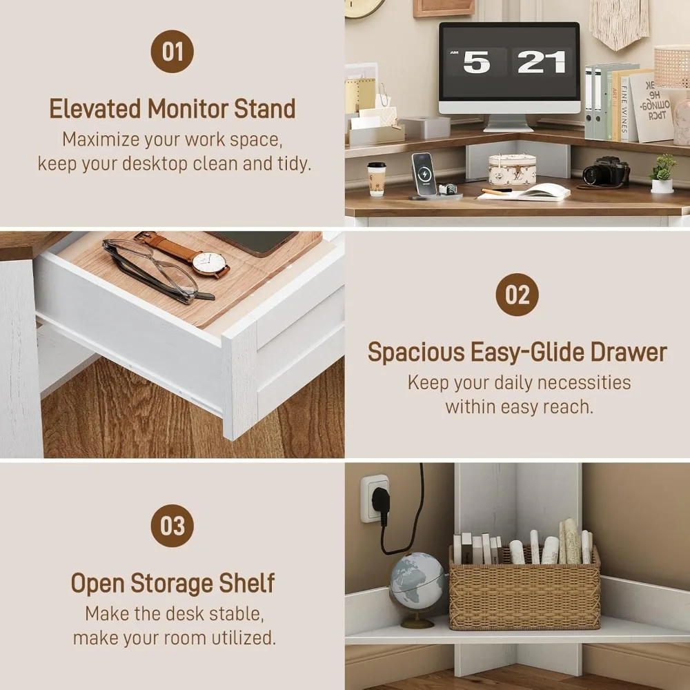 مكتب زاوية، مكتب كمبيوتر مثلث، محطة عمل المكتب المنزلي مع درج وحامل شاشة لزاوية المزرعة للمساحات الصغيرة #6