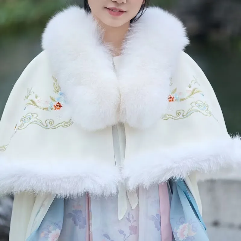 Womens Short Cloak Chinese Furry Collar Embroidered Cape for Winterrt