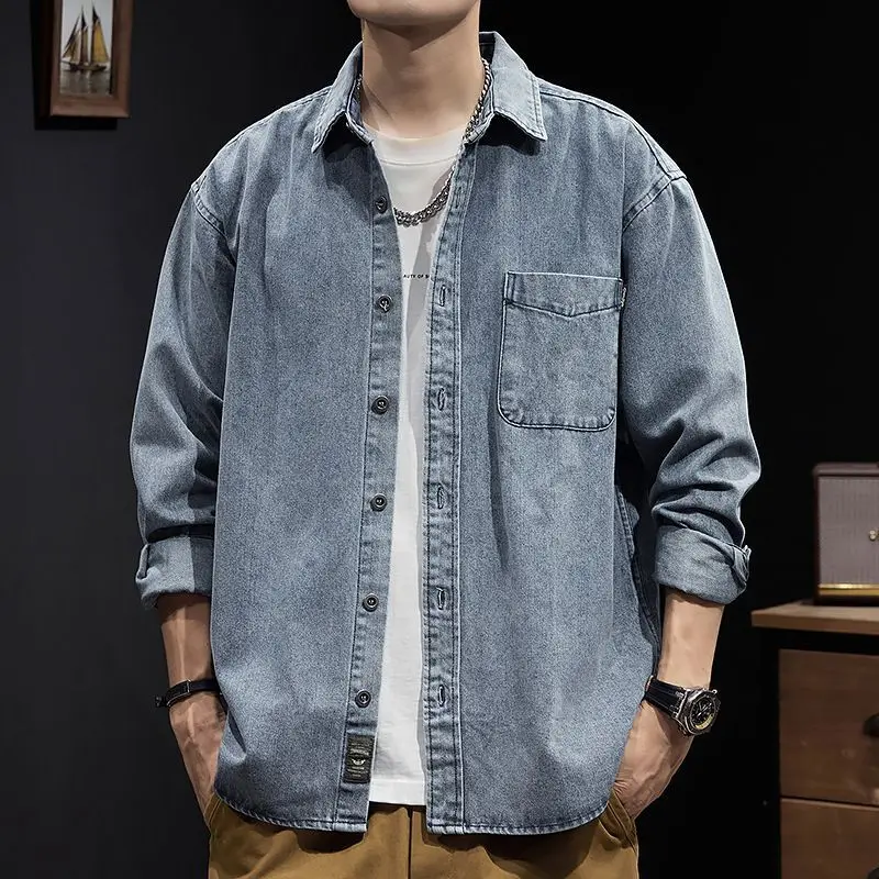 Denim New Shirt Men's Retro Casual Work Jacket Spring and Autumn Blue Long-sleeved Clothes