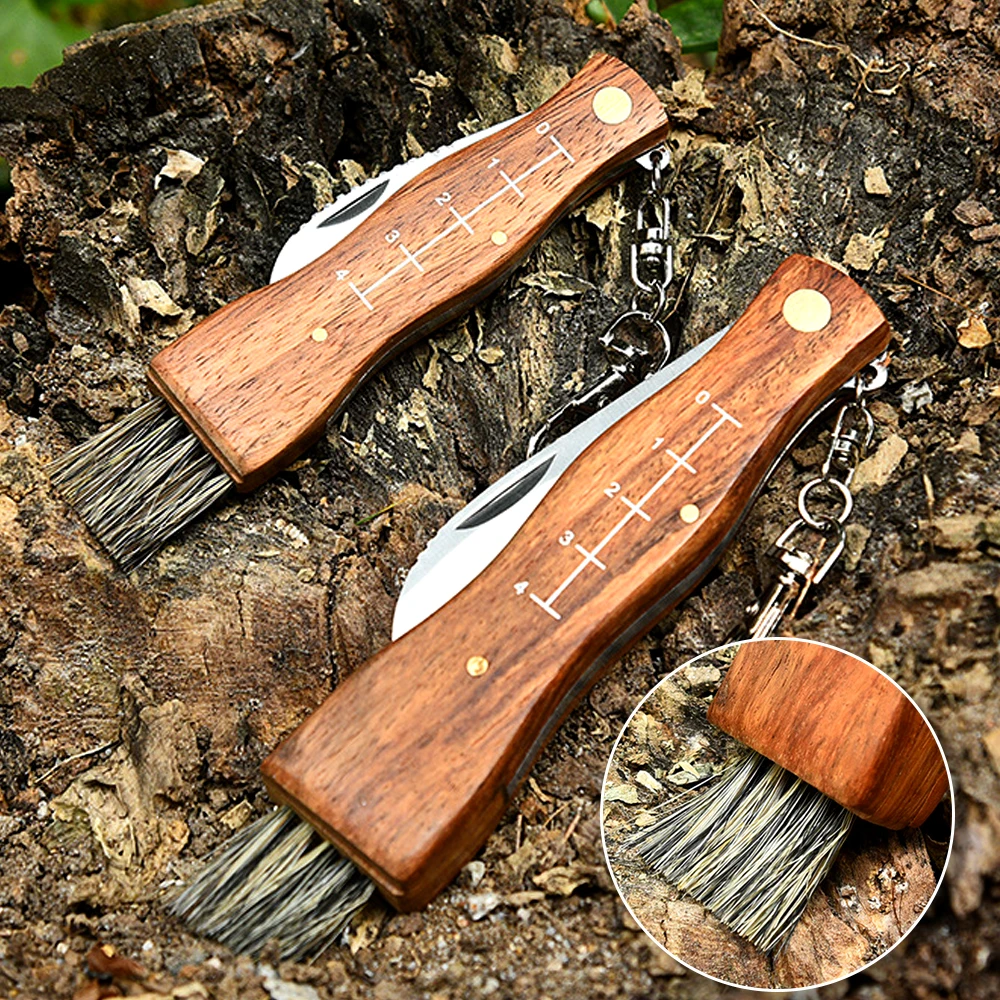 Outdoor Mini Camping Mushroom Knife Wooden Handle With Brush Portable Keychain Folding Knife Brush Hunting Survival Multi-Tool