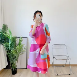 Miyake Color Block Pleated Dress for Women Lapel Single Breasted Three Quarter Sleeves Loose Summer Dresses Women 2024