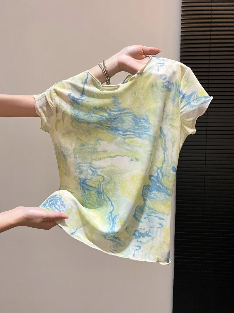 

Summer New Style Women's T-shirt Short Sleeve Gradient Dyeing Lace Self-retaining Model Korean Version Straight Cut Silk