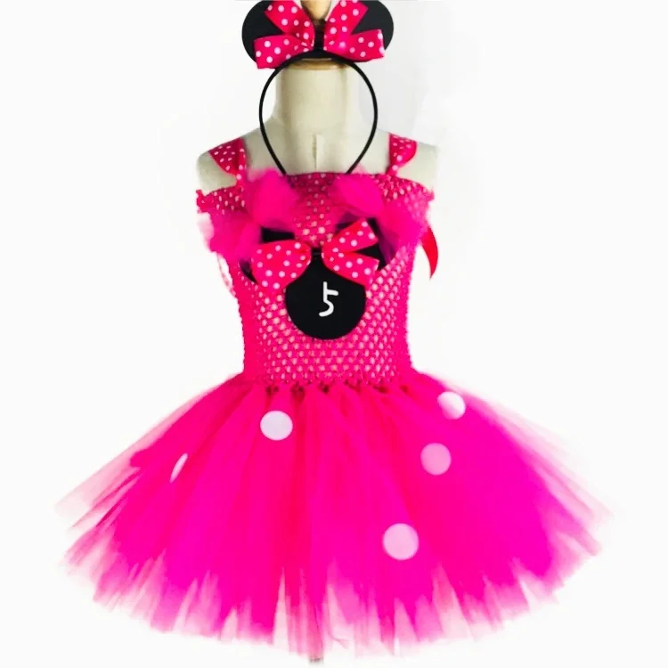 Bonito meninas rosa mickey tutu vestido bebê crochê tule vestido com pontos brancos e arco de cabelo crianças festa aniversário dos desenhos animados cosplay vestido