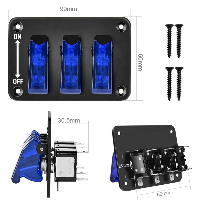 3-gear rocker switch blue LED Black Panel belt line yacht racing car refitted 12v20a Combination Toggle Switch