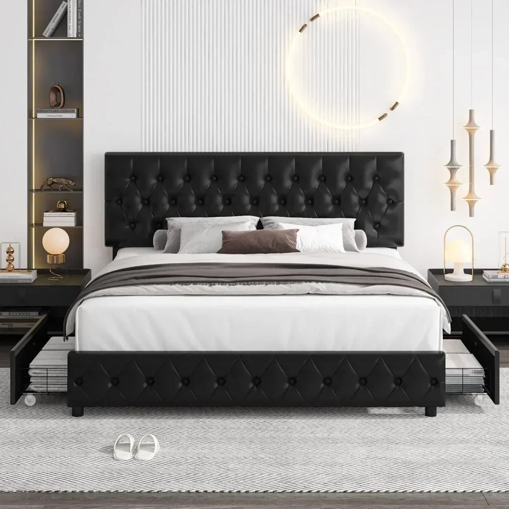 Cama tamaño Queen y, con 4 cajones de almacenamiento, cama con plataforma de piel sintética, soporte de listones de madera maciza, cama tapizada moderna