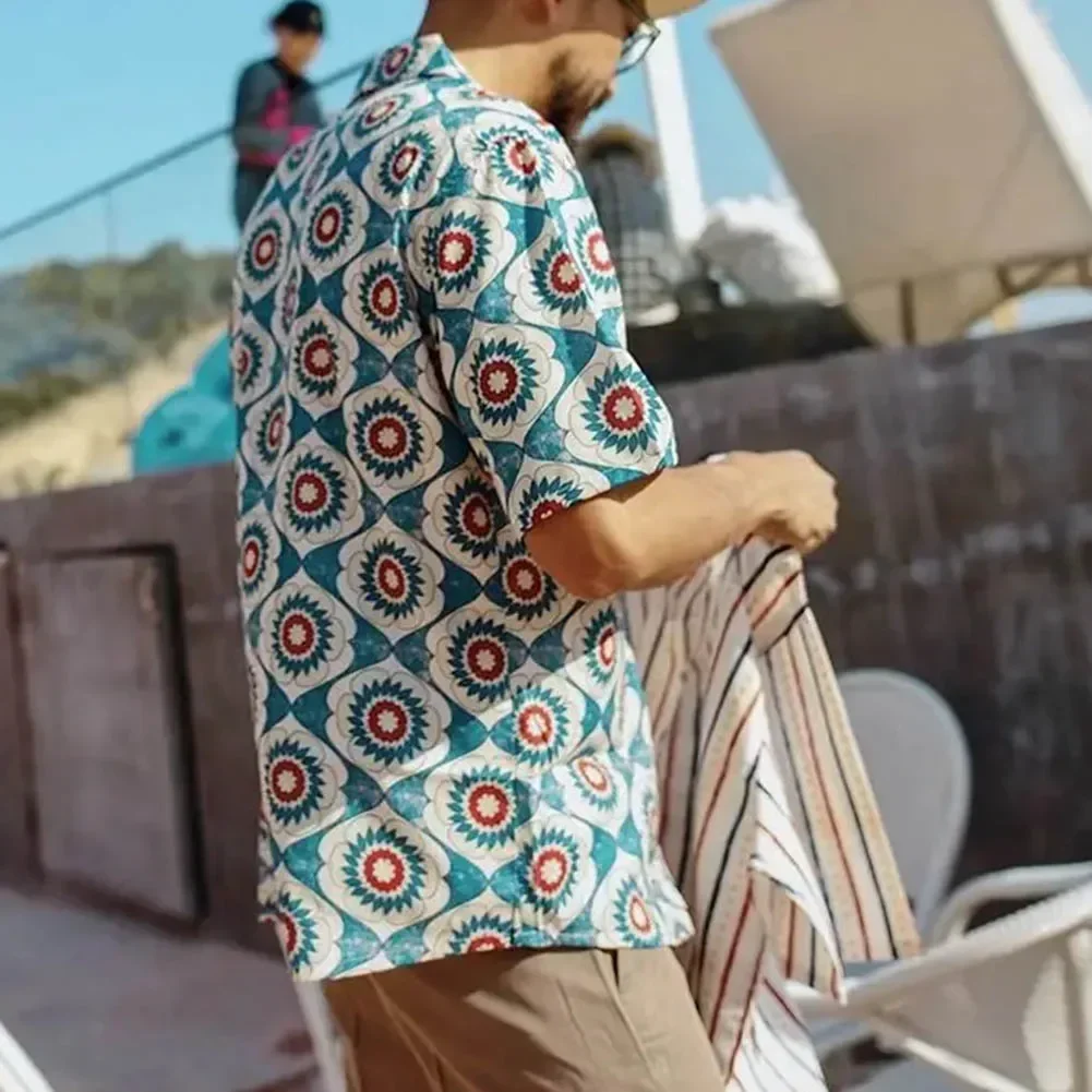 

High Stretch Shirt Shirt Holiday Lapel Male Men National Polyester Printed Regular Shirt Beach Short Sleeve Style