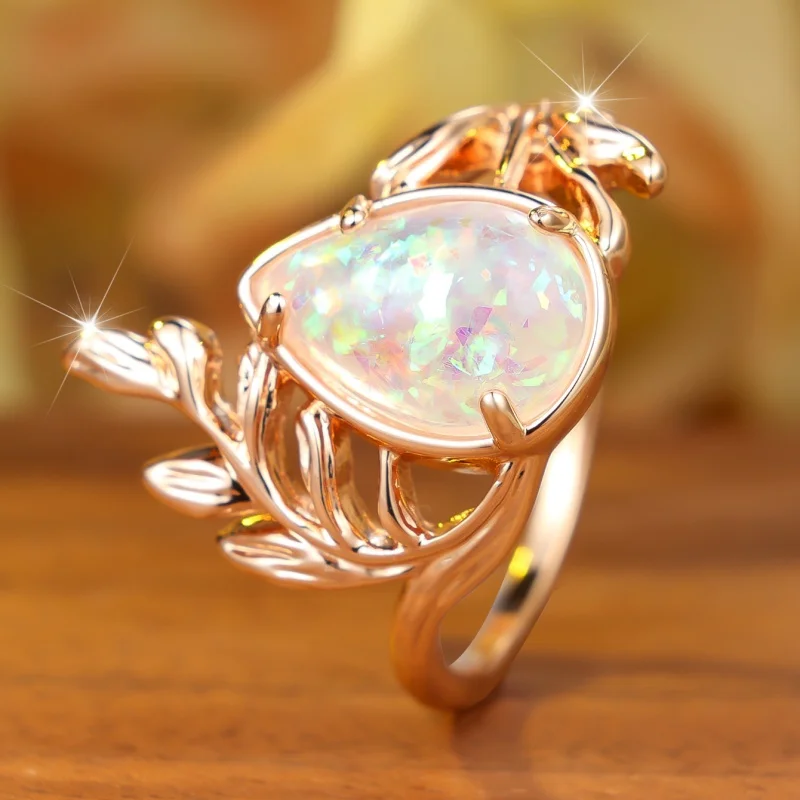 European and American New Rose Gold Tree Branch Water Droplet White Australian Treasure Ring Retro Hollow Flower Leaf Accessory