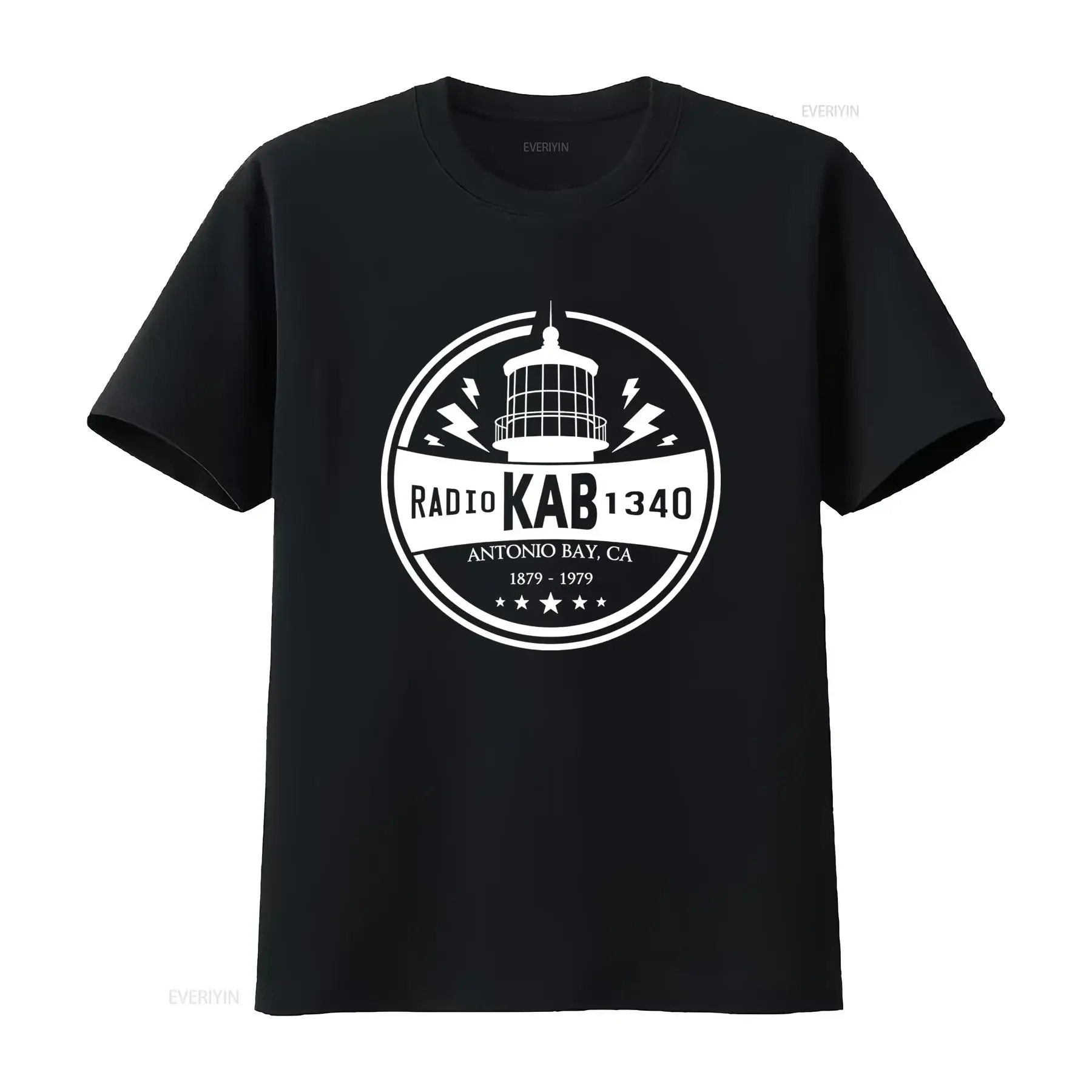 Vintage Style KAB Radio Station Antonio Bay 1340 Distressed Print T Shirt Retro Design with Lighthouse Lightning Bolt s Soft