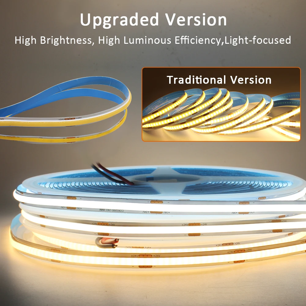 24V COB LED Strip Light High Brightness Flexible Ribbon Linear Light Warm White 320LEDs/m FCOB Lamp Tape for Room Decor 5m 10m