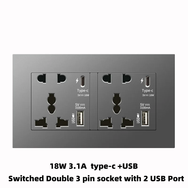 Grey PC Modular Project Use UK Standard Single Twin Socket with USB 3.1A Fast Charge Type C USB