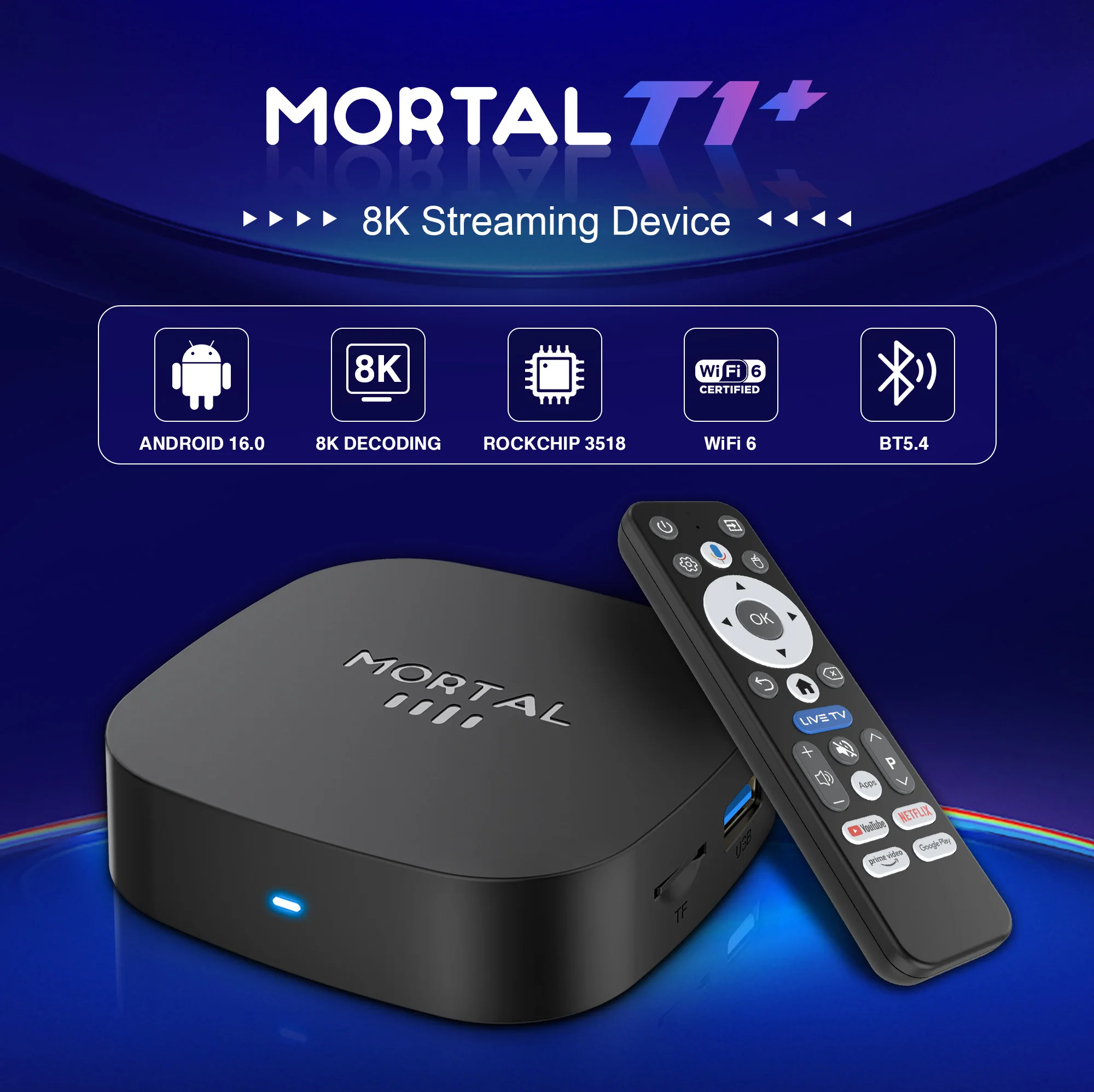 صندوق تلفاز Mortal Android 16 T1+ سعة 128 جيجابايت مع جهاز تحكم صوتي 4K وWiFi6 وHDR 10 وBT5.0 وألعاب RockChip 3518 وNETFLIX وصندوق مشغل الوسائط الذكي السريع