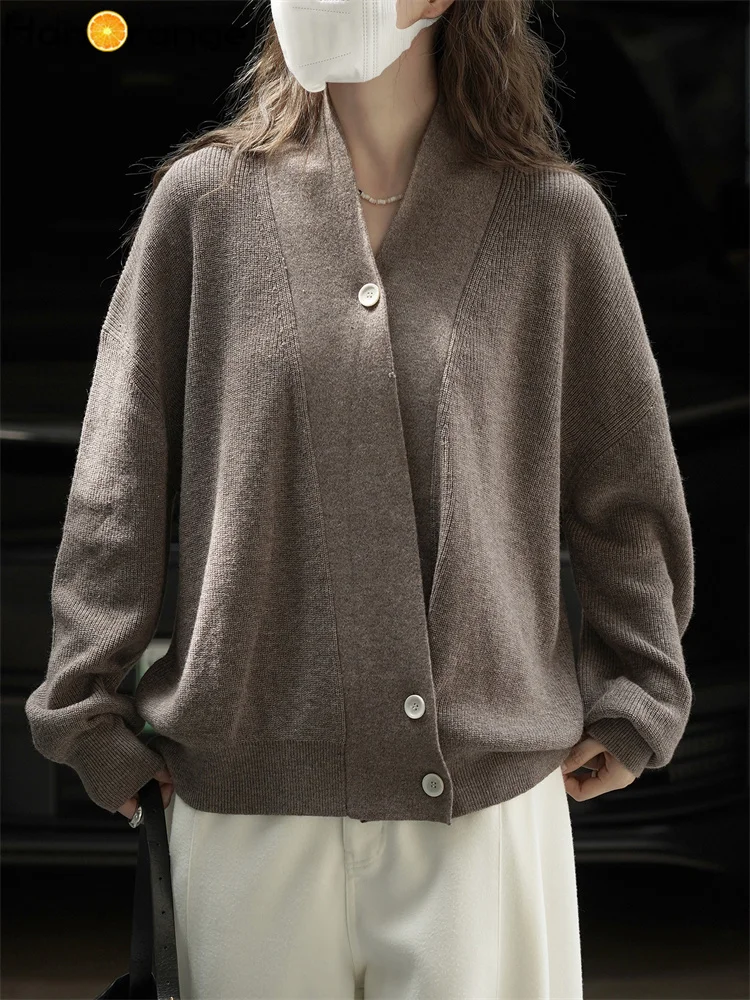 

HanOrange 2025 Winter Fashion V-neck Wool Knitted Cardigan Women Loose Silhouette Sweater Red/Camel