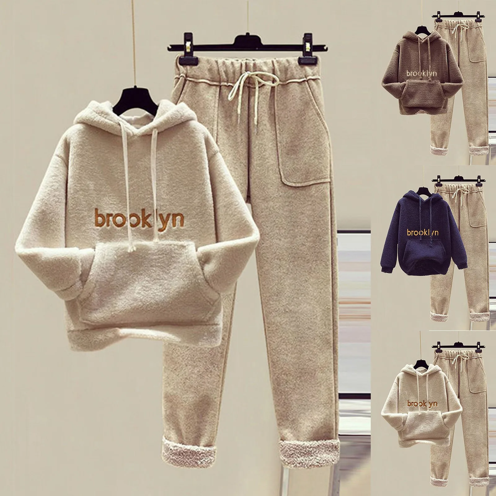 2023 Winter Thicken Women\'s Tracksuit Two Pieces Set Warm Plush Sweatshirt Trousers Casual Lambwool Lined Harem Pants Outfit
