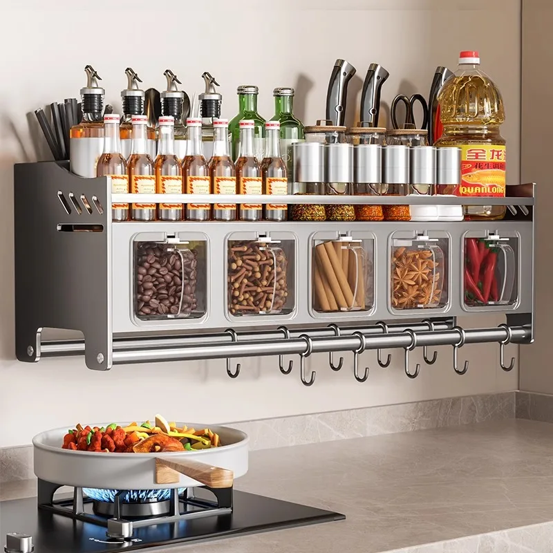 

Kitchen seasoning rack Wall hanging No punching Multifunctional knives Chopsticks cage Seasoning bottle and can Integrated