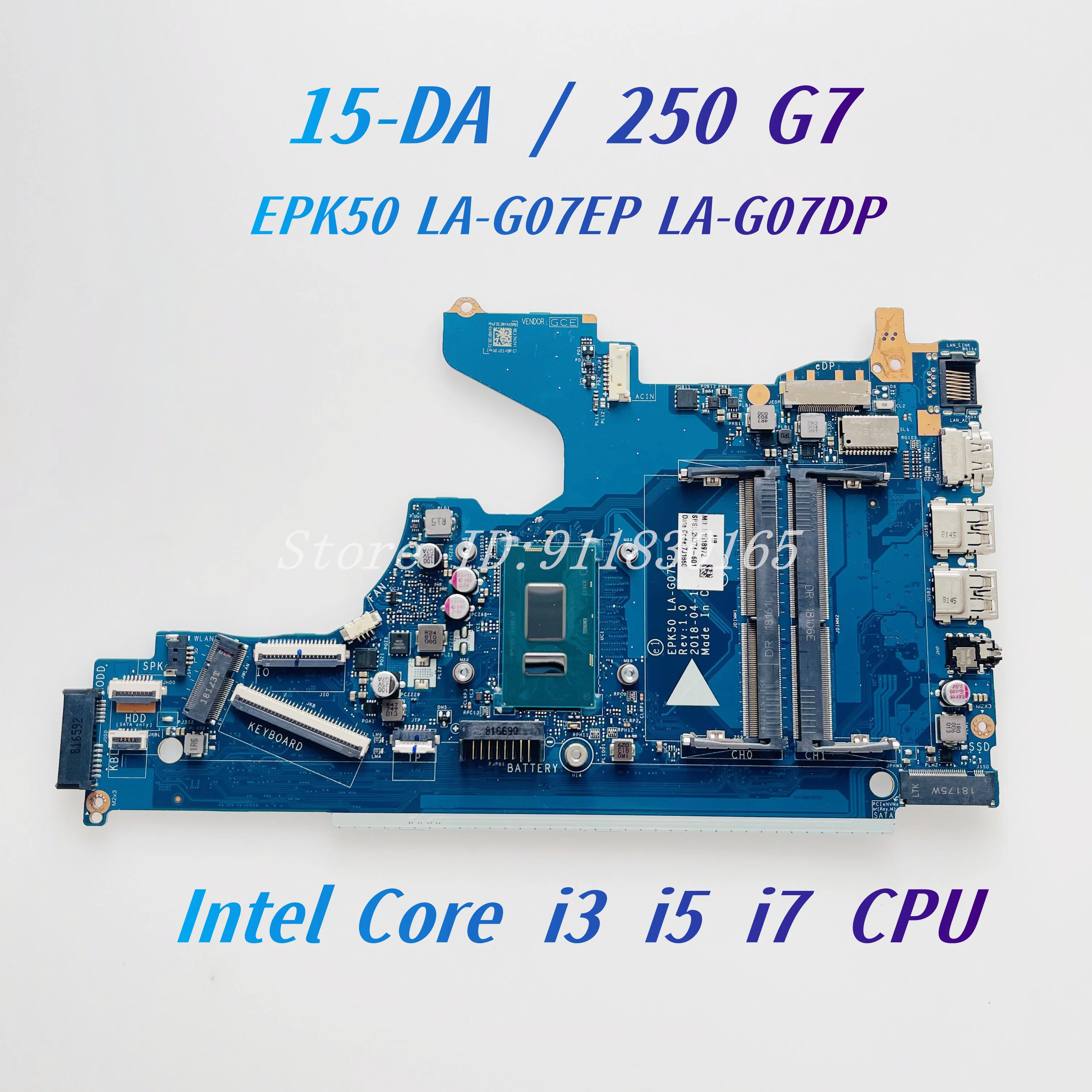 For HP Pavilion 15-DA 250 G7 256 G7 Laptop Motherboard EPK50 LA-G07EP LA-G07DP With Core I3 I5 I7 CPU L20373-601 L20374-601