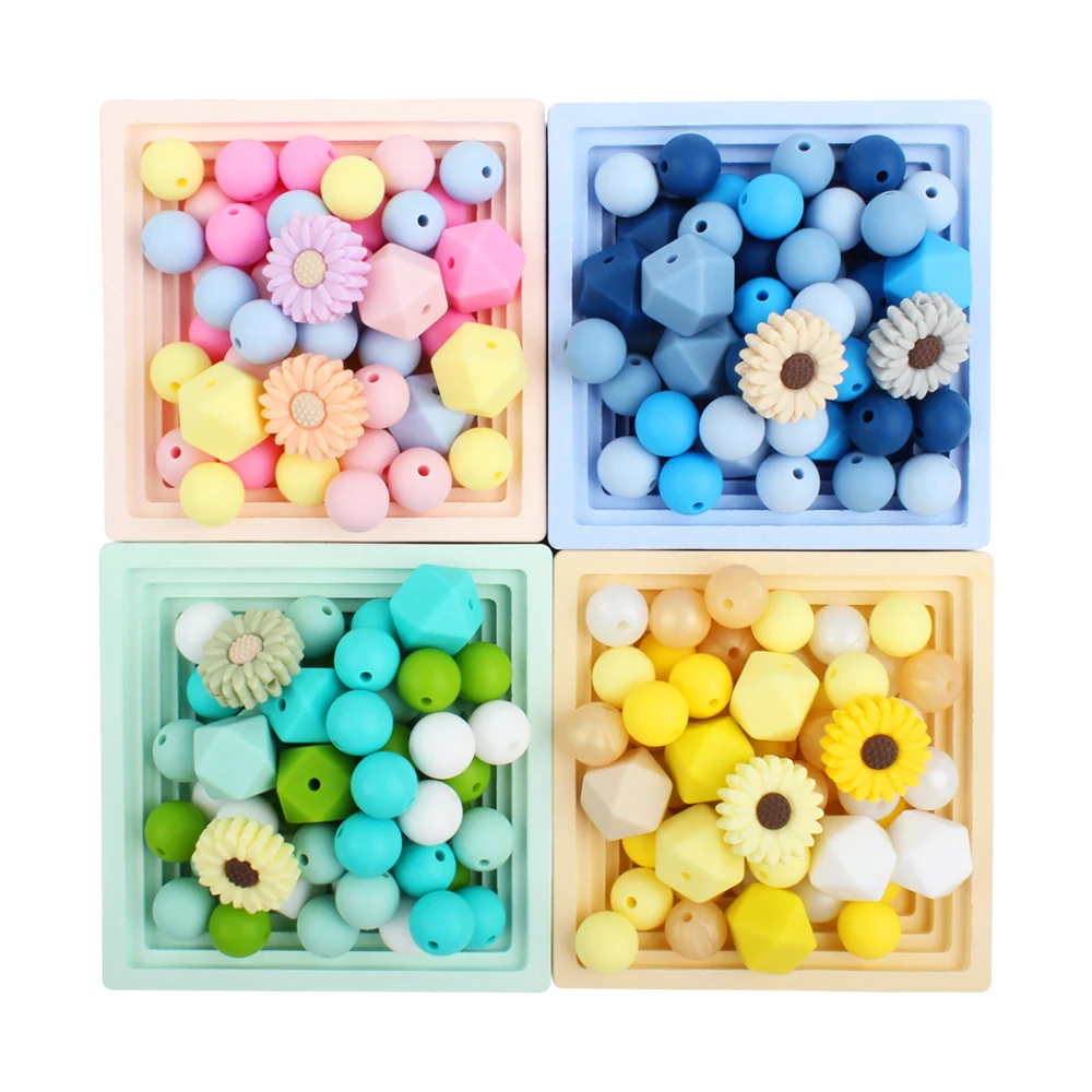 50pcs/Set Baby Silicone Beads Round Hexagon Flower Loose Beads Teethers Teething Toys Food Grade DIY Pacifier Clips Accessories