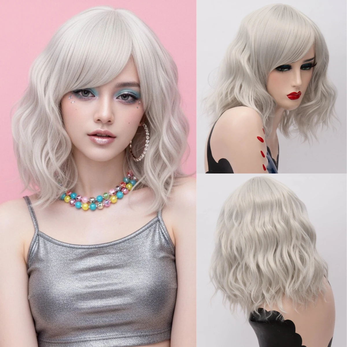 Short Cosplay Wavy Curly Wigs For Women Silvery Gray Wig With Side Bangs Synthetic Wig Daily Party Heat Resistant
