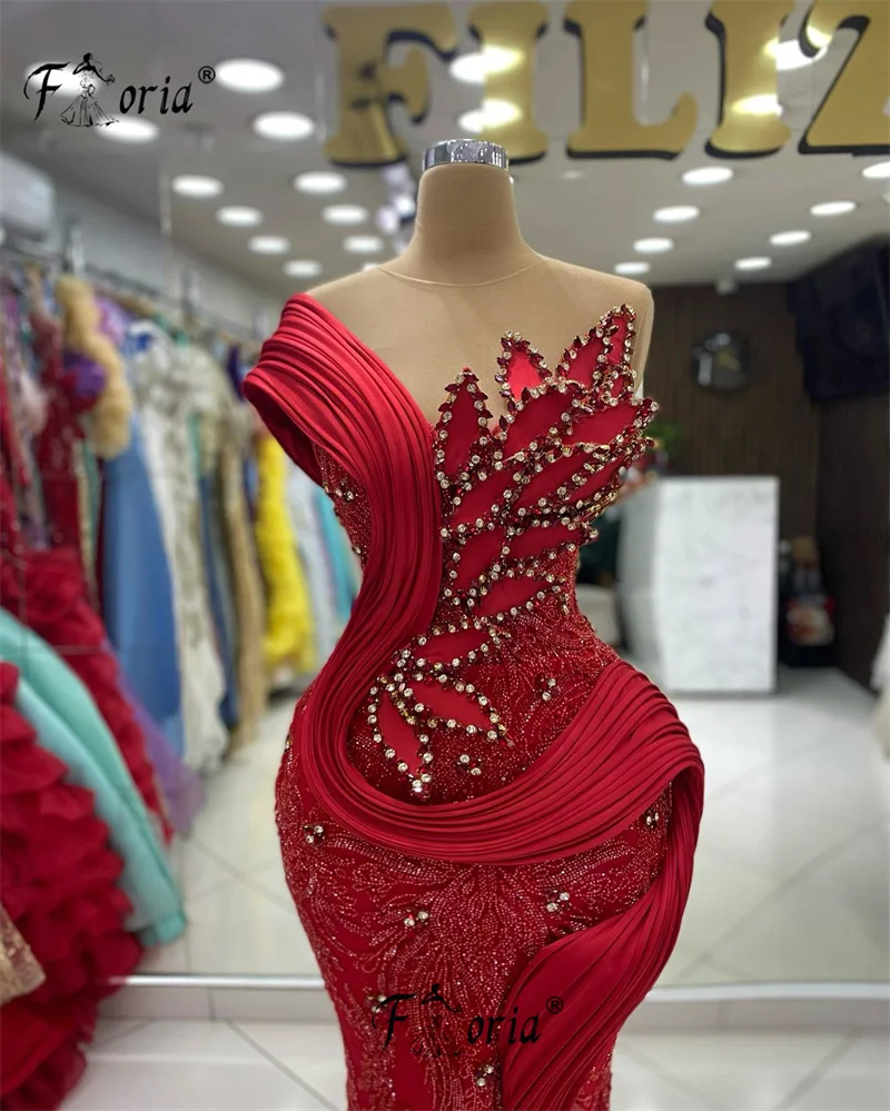 Elegant Dubai Red Mermaid Wedding Evening Dress Beaded 3D Leaf Appliques Formal Occasion Gown Prom Party Dress robes de cocktail