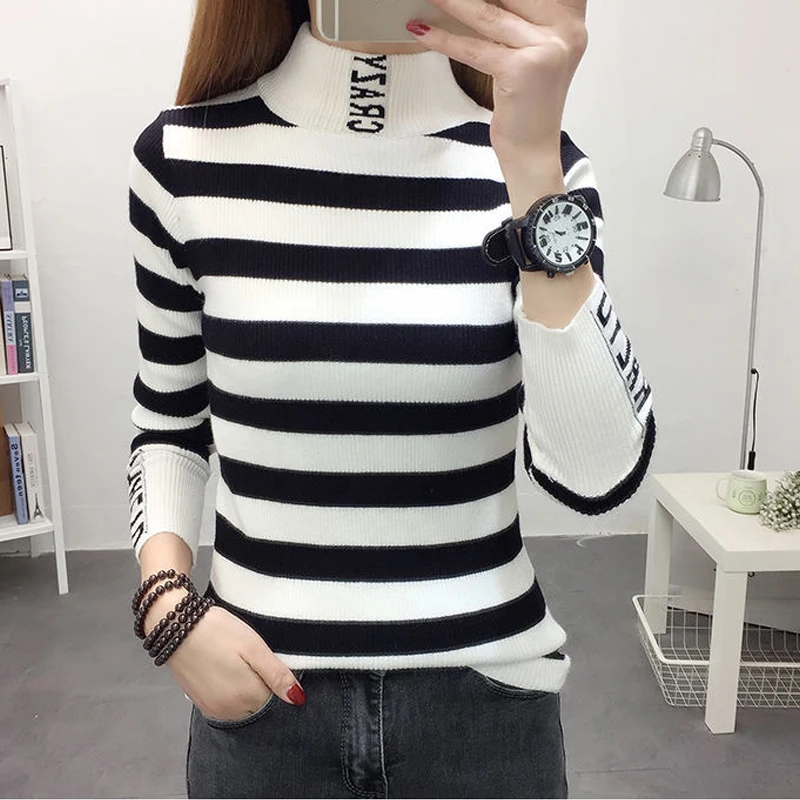 2023 Autumn Winter Women\'s Korean Fashion Striped Slim Basic Knitwear Female Half High Collar Long Sleeve Pullover Tops Jumpers