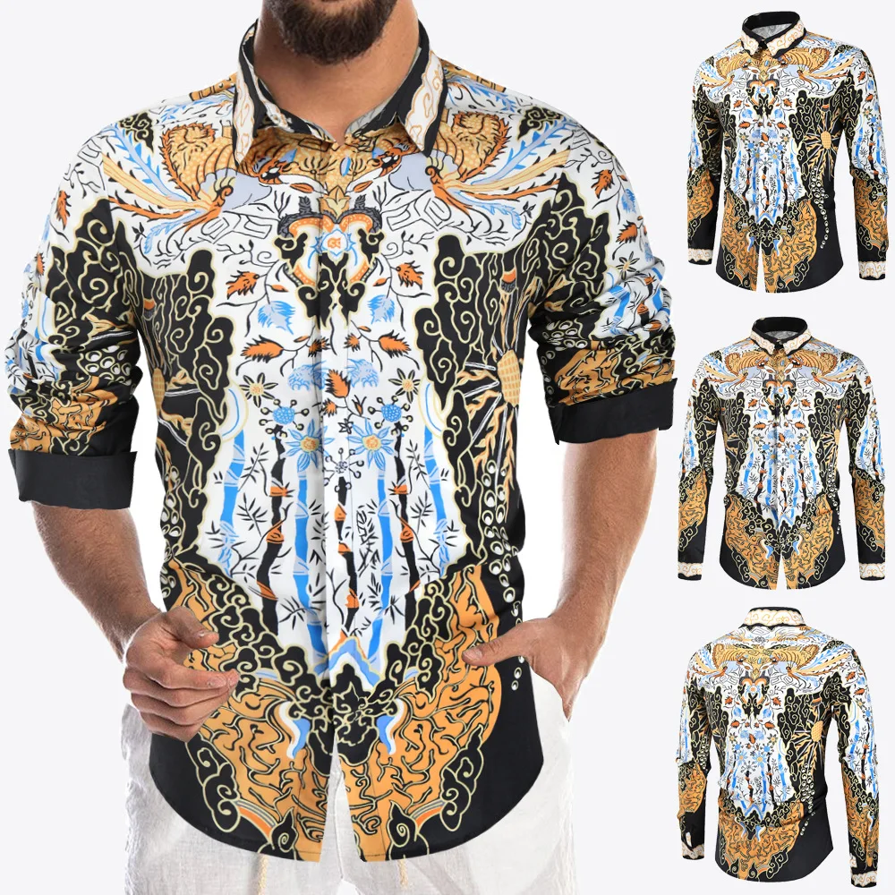 Fantasia de Cosplay Masculina, Estampada 3D, Blusa de Manga Longa, Moda Dourada, Camisas Masculinas Estampadas de Luxo, Boate Com Botão, Verão