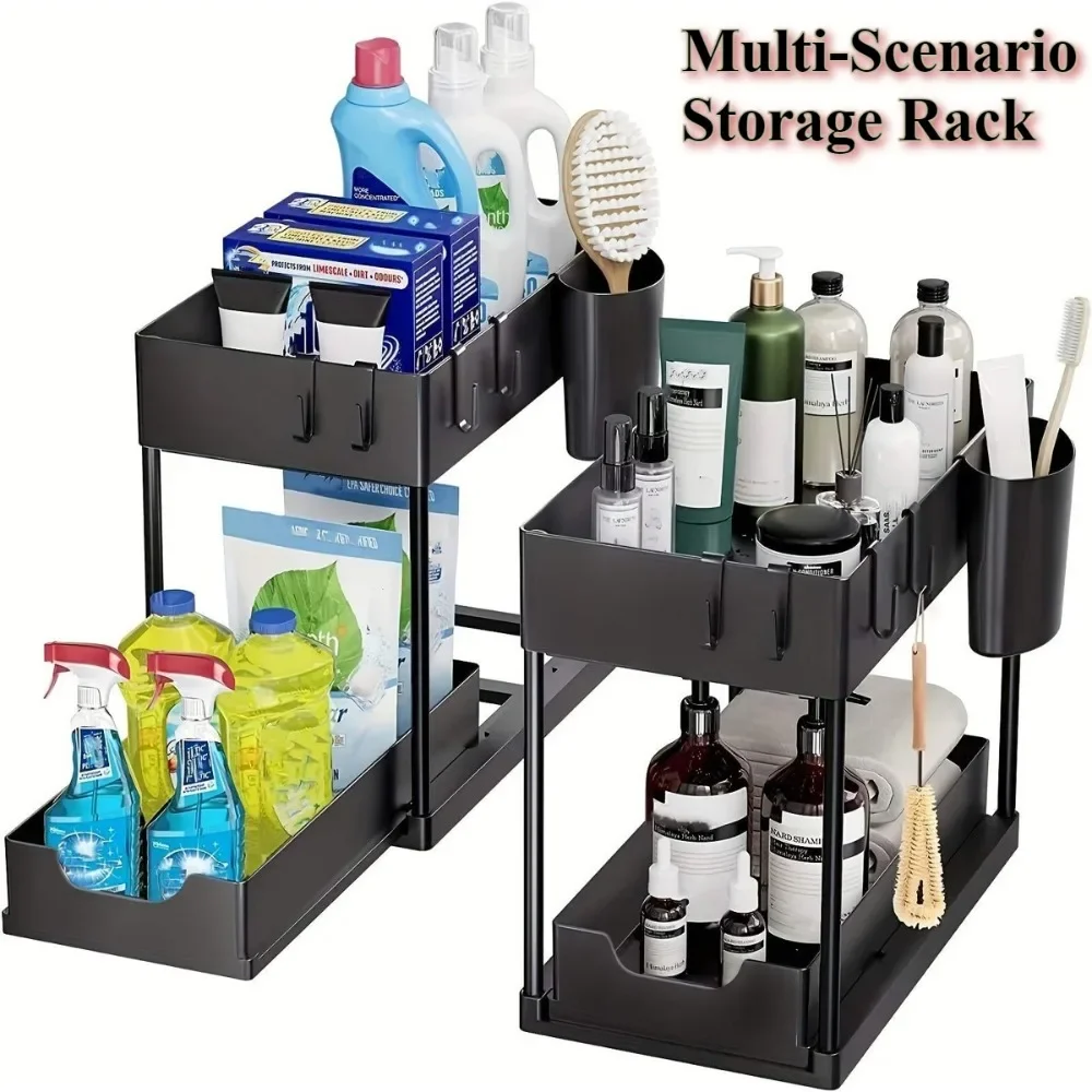 

2 Layer Kitchen Shelf Countertop Pull-out Organizer Easy To Disassemble Install Multi-purpose Toiletries Bathroom Storage Shelf