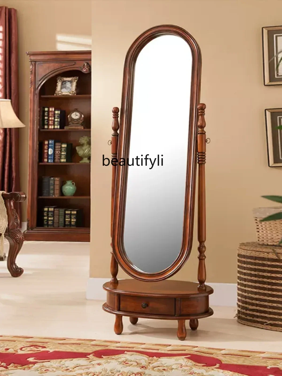 

smt14 American Dressing Solid Wood Home Fitting Full-Length Mirror Simple Modern Vertical Floor Mirror with Drawer Storage