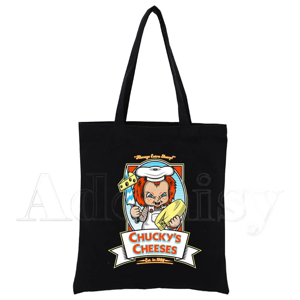 Chucky-Sac à provisions réutilisable imprimé pour femme, sacs fourre-tout en toile, sac à soupe d'impression, sac shopper de dessin animé, sacs initiés, noir