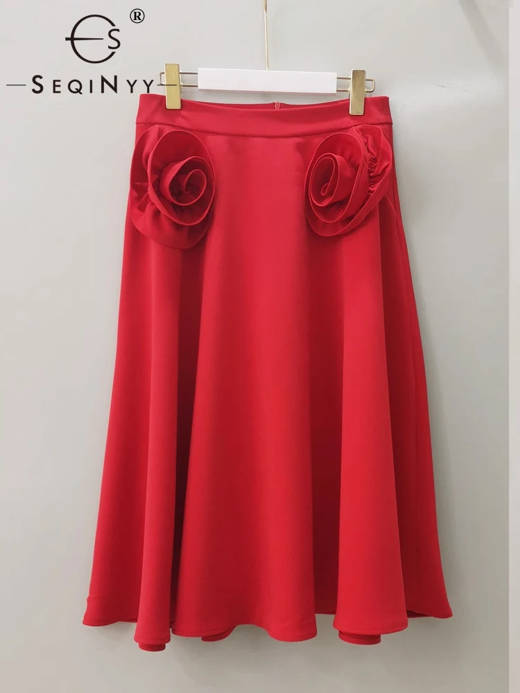 

SEQINYY Women's Elegant Skirt Runway A-Line Appliques Flower Casual High Street Office Lady Summer Spring New Fashion Design