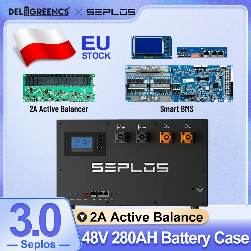 Version 3.0 DIY Kits 48V 280ah LiFePO4 Battery Case 51.2V Box Seplos BMS Smart Active Balance Equalizer 2A for Solar Energy